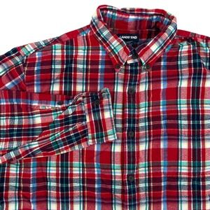 Lands End Mens Flannel Shirt L Red Multi Plaid Traditional Fit Heritage Classic